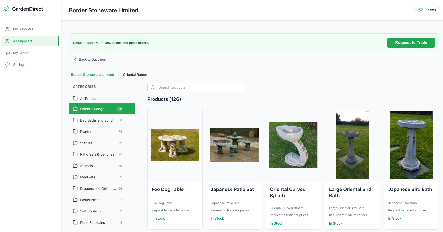 Garden Direct platform showing a wholesale product catalog with garden statues and ornaments