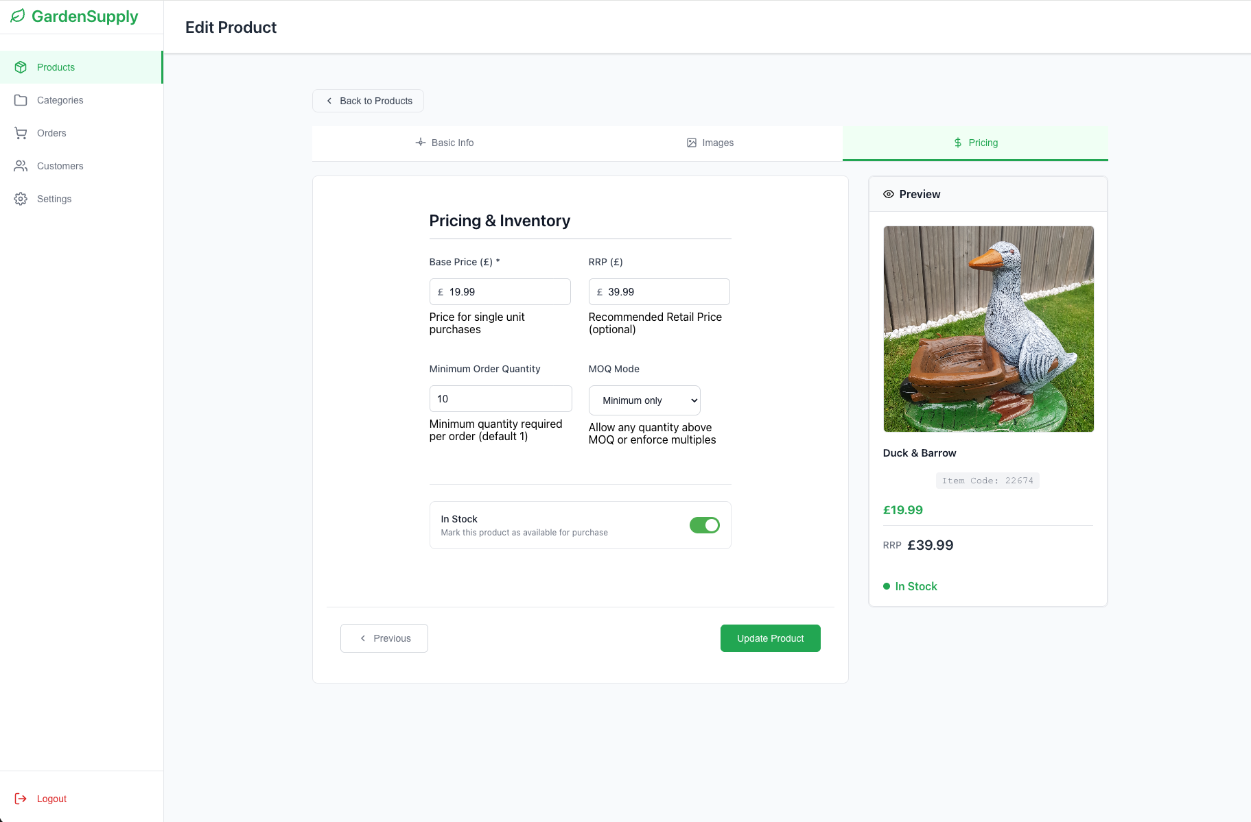 Garden Direct platform showing product pricing and inventory management